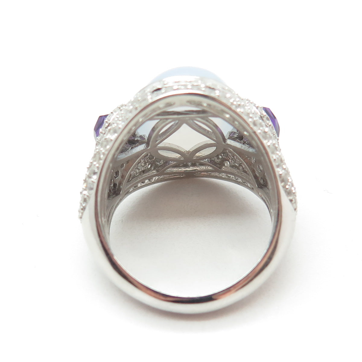 925 Sterling Silver Real Chalcedony Amethyst & White Topaz Ring Size 8.25