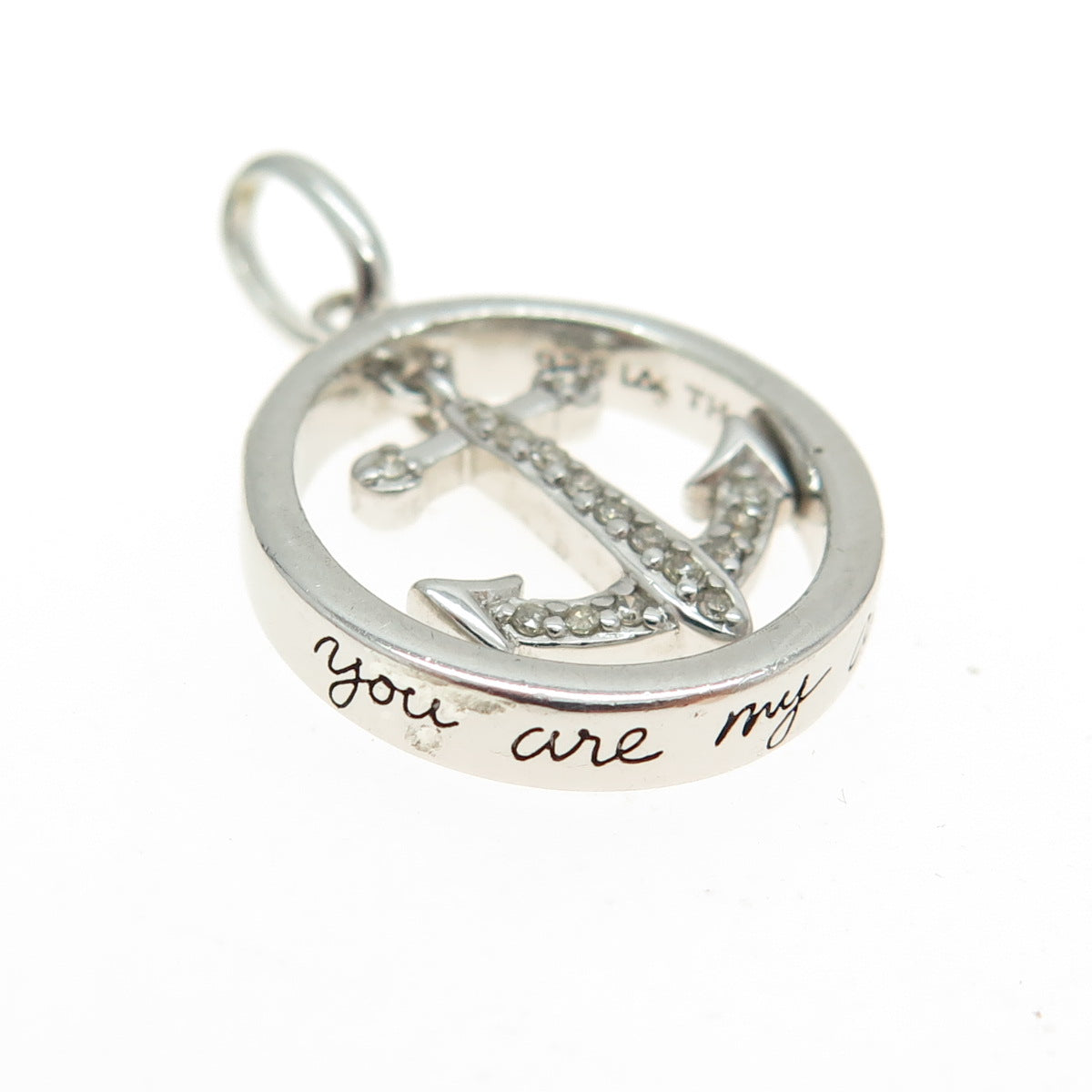 925 Sterling Silver Real Round-Cut Diamond "You Are My Anchor" Pendant