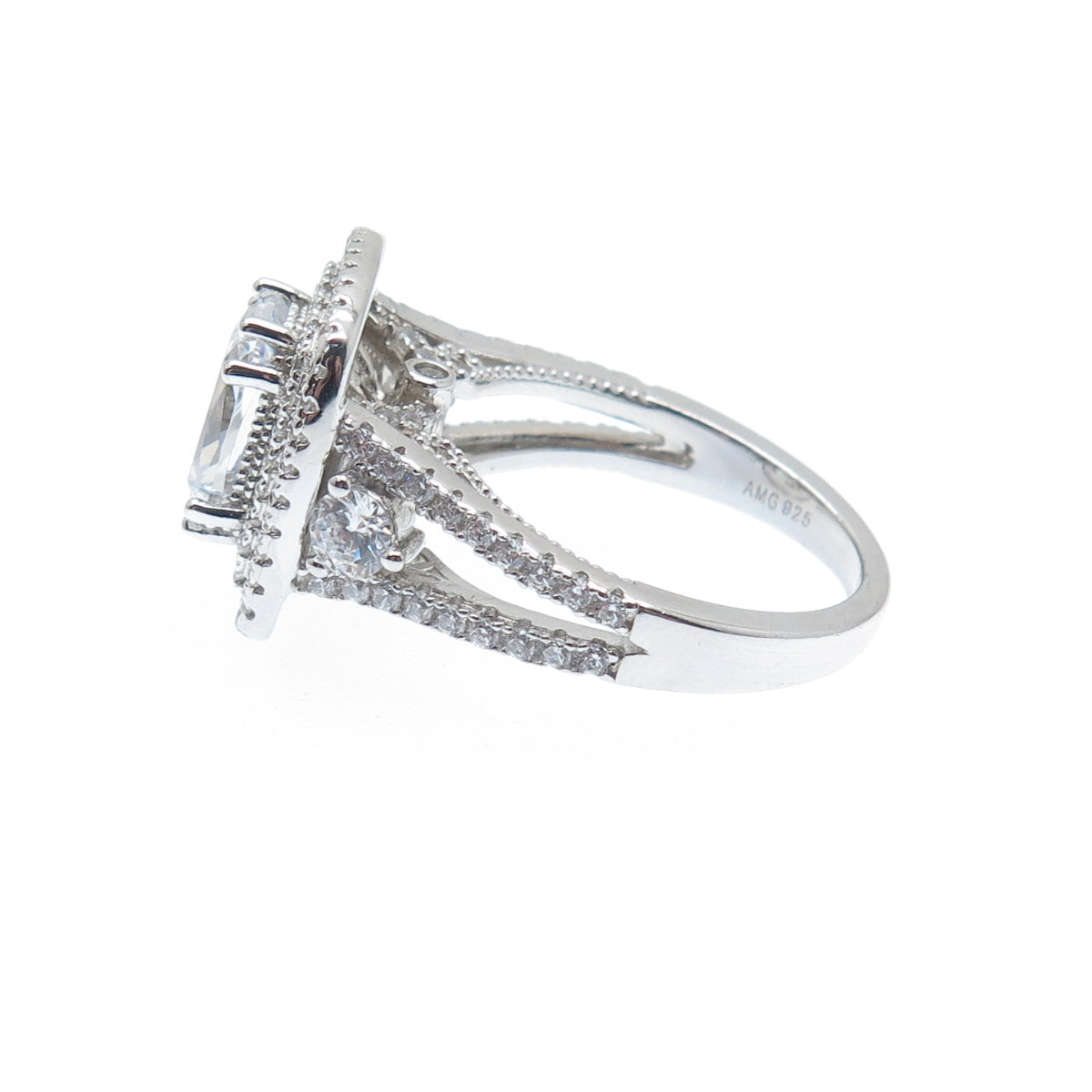 925 Sterling Silver Cushion & Round-Cut C Z Engagement Ring Size 7