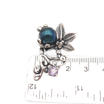 925 Sterling Silver Vintage Real Abalone Shell & Amethyst Floral Slide Pendant