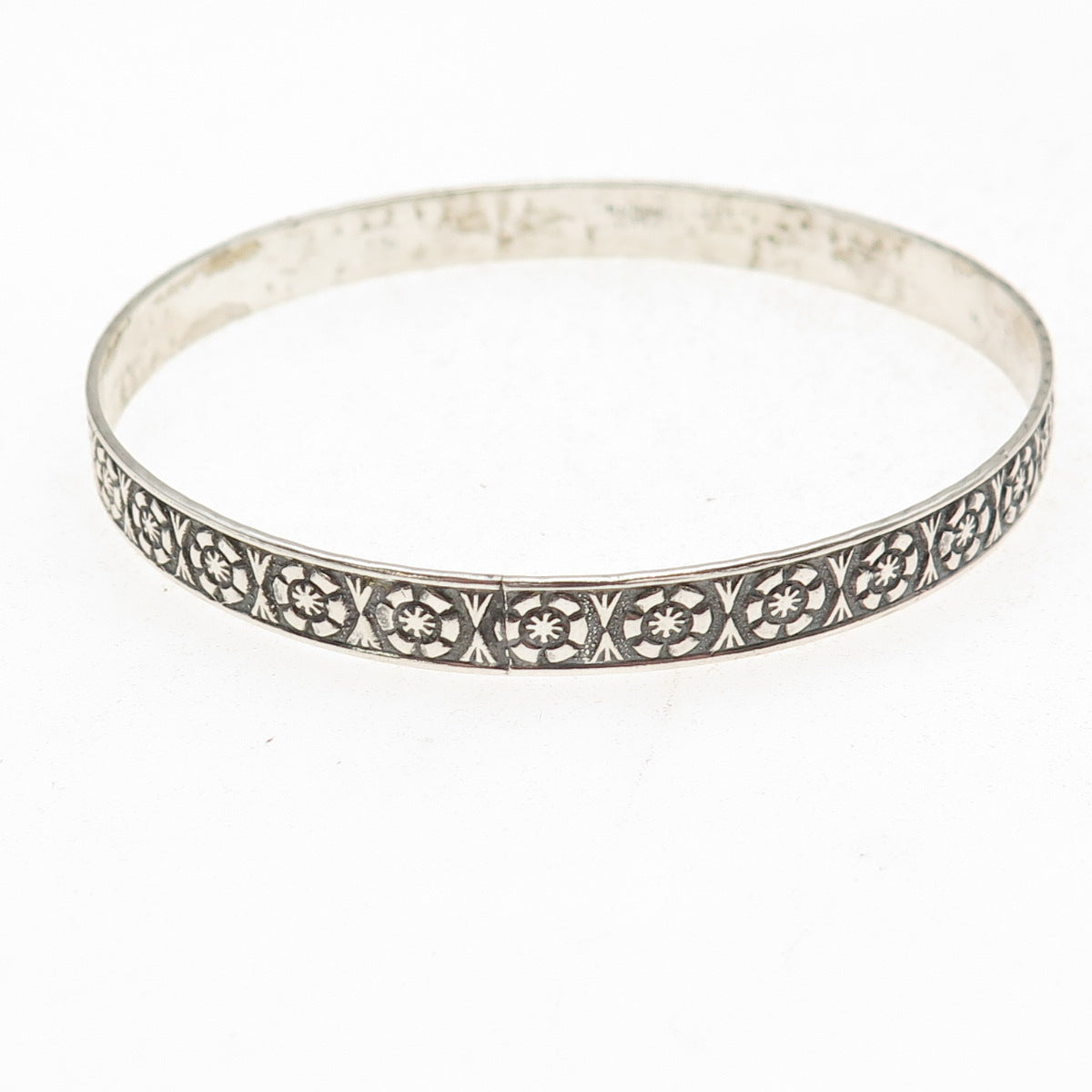 925 Sterling Silver Antique Art Deco Floral Oxidized Bangle Bracelet 8"