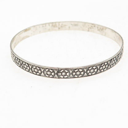 925 Sterling Silver Antique Art Deco Floral Oxidized Bangle Bracelet 8"