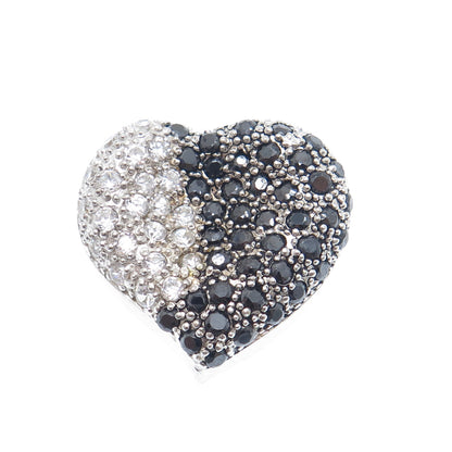 925 Sterling Silver Real Round-Cut Black Spinel & C Z Heart Slide Pendant