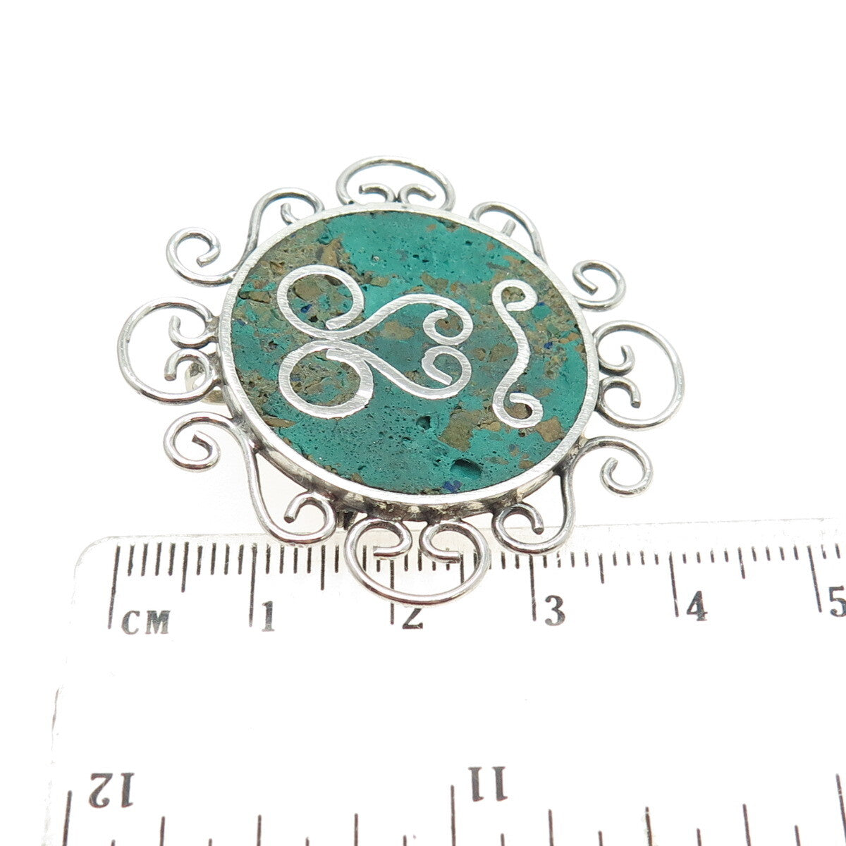 925 Sterling Silver Vintage Mexico Real Azurite Sun Face Ornate Pin Brooch