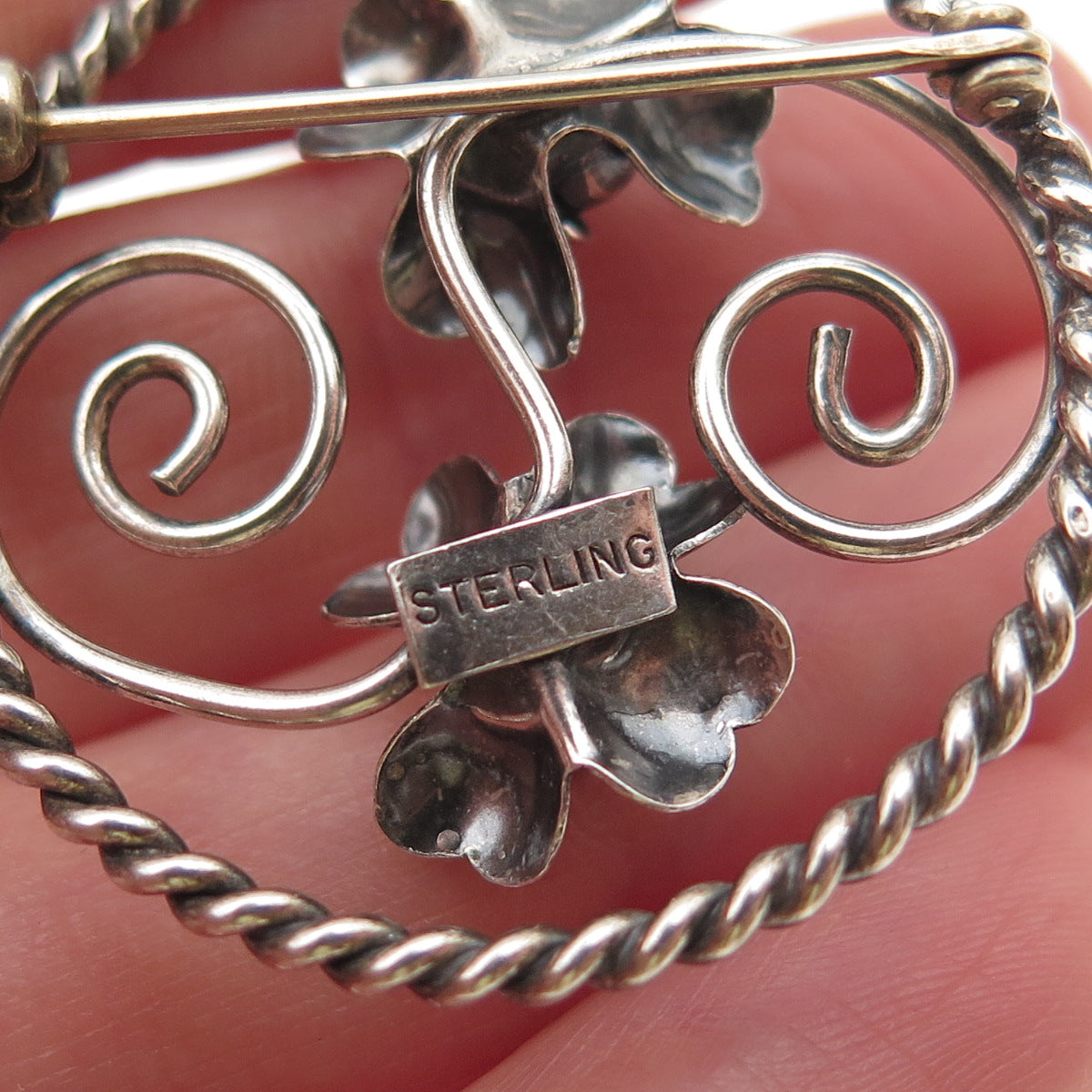 925 Sterling Silver Vintage Rose Flower Oxidized Pin Brooch