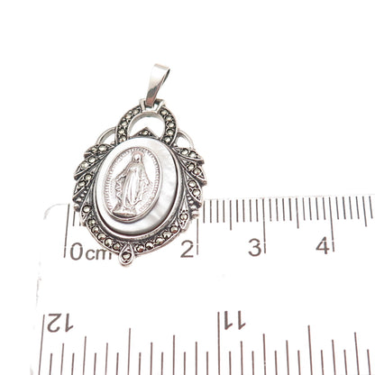925 Sterling Silver Antique Art Deco Real MOP & Marcasite St. Mary Charm Pendant