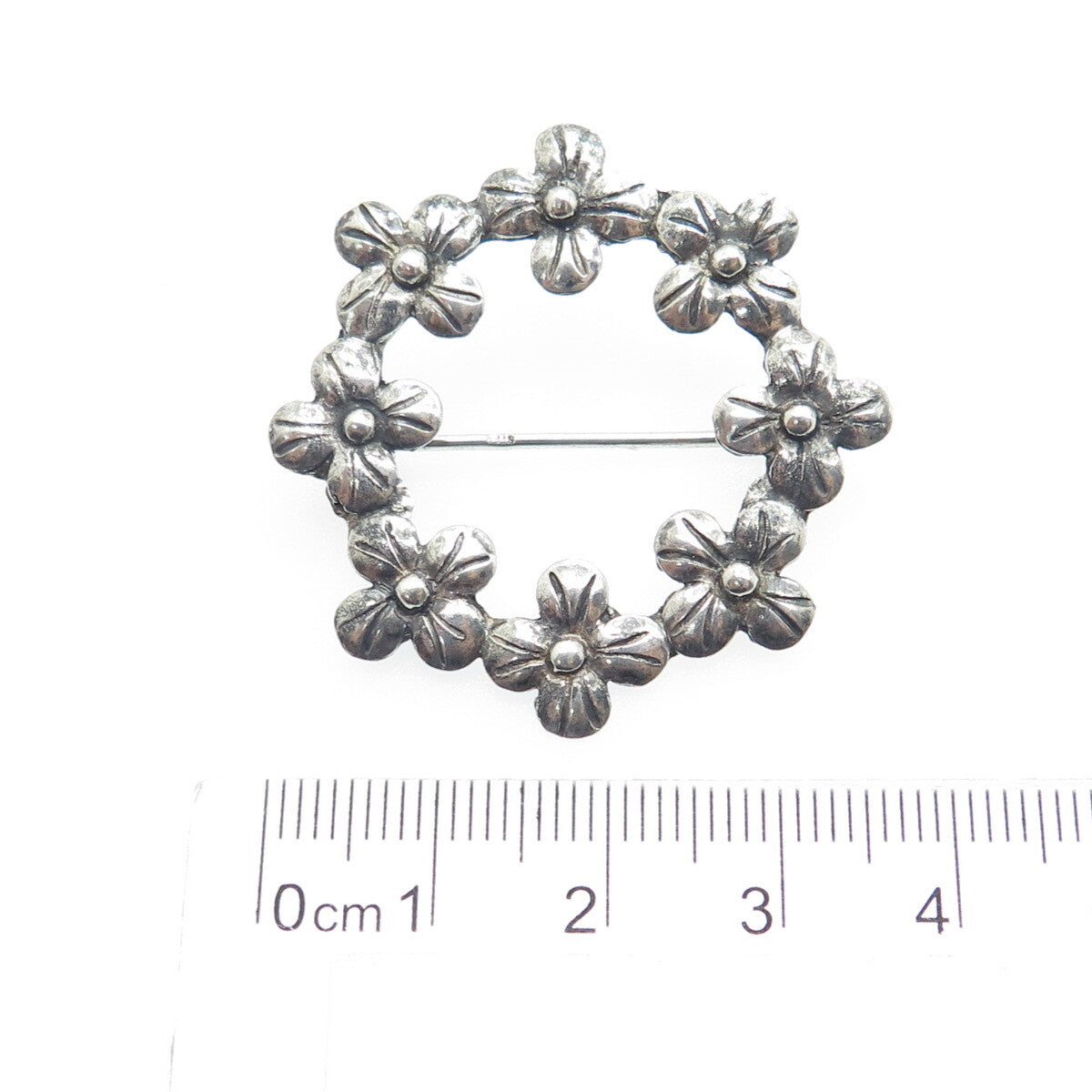 925 Sterling Silver Vintage Floral Blossom Circle Oxidized Pin Brooch