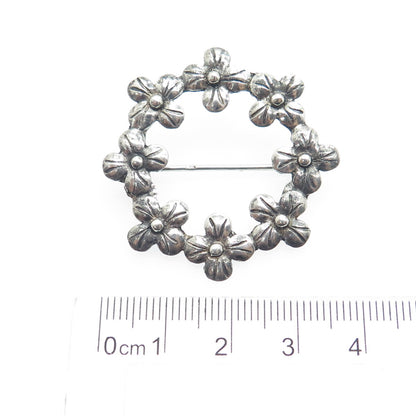 925 Sterling Silver Vintage Floral Blossom Circle Oxidized Pin Brooch