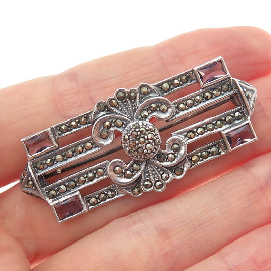 925 Sterling Silver Vintage Real Amethyst Marcasite Fleur de Lis Oxidized Brooch