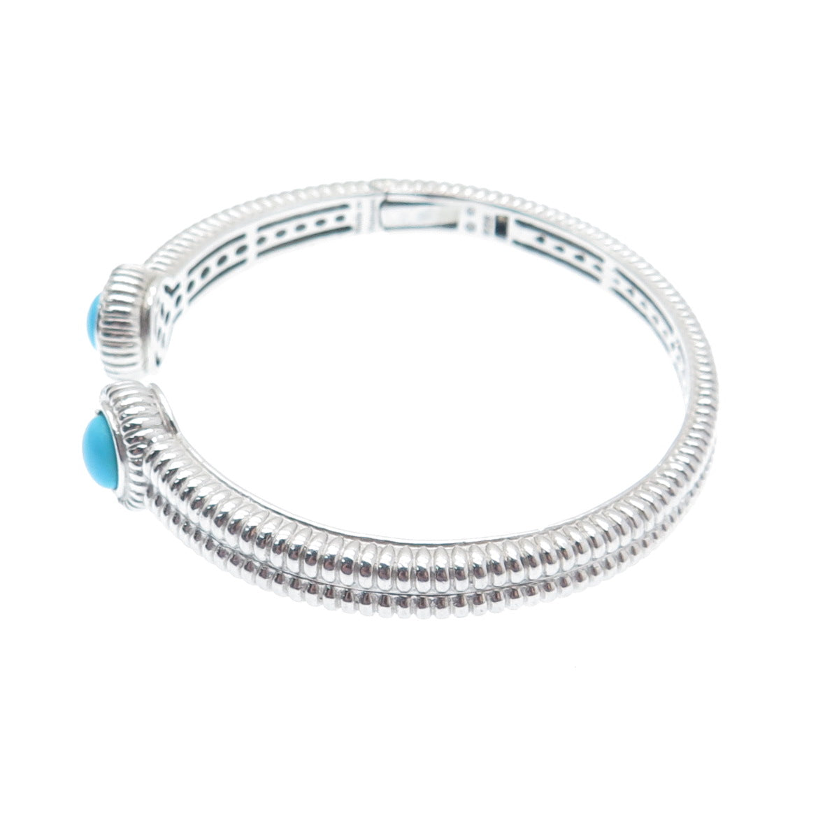 925 Sterling Silver Real Sleeping Beauty Turquoise Gem Ribbed Cuff Bracelet 7.5"