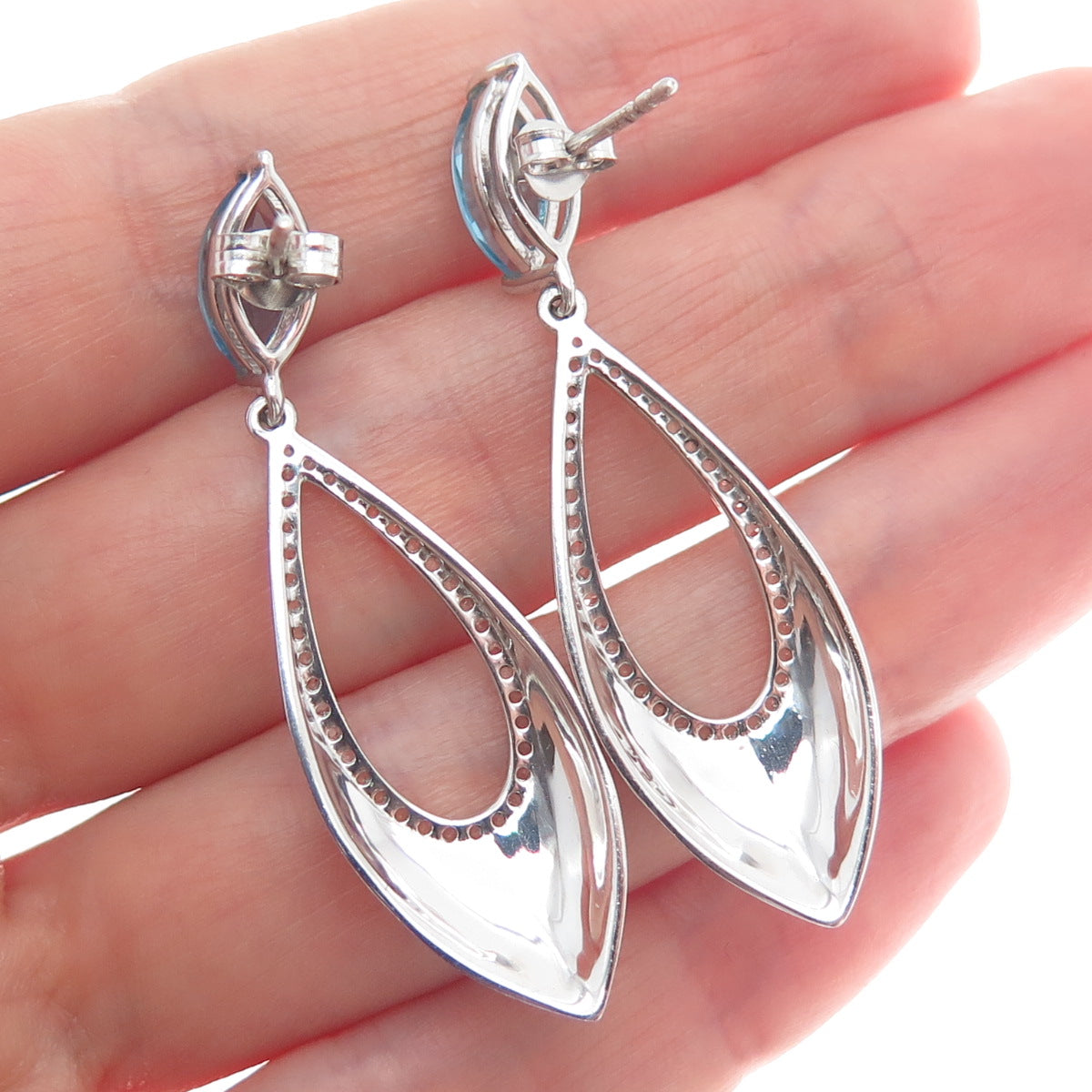 925 Sterling Silver Real Marquise-Cut Blue Round-Cut White Topaz Dangle Earrings