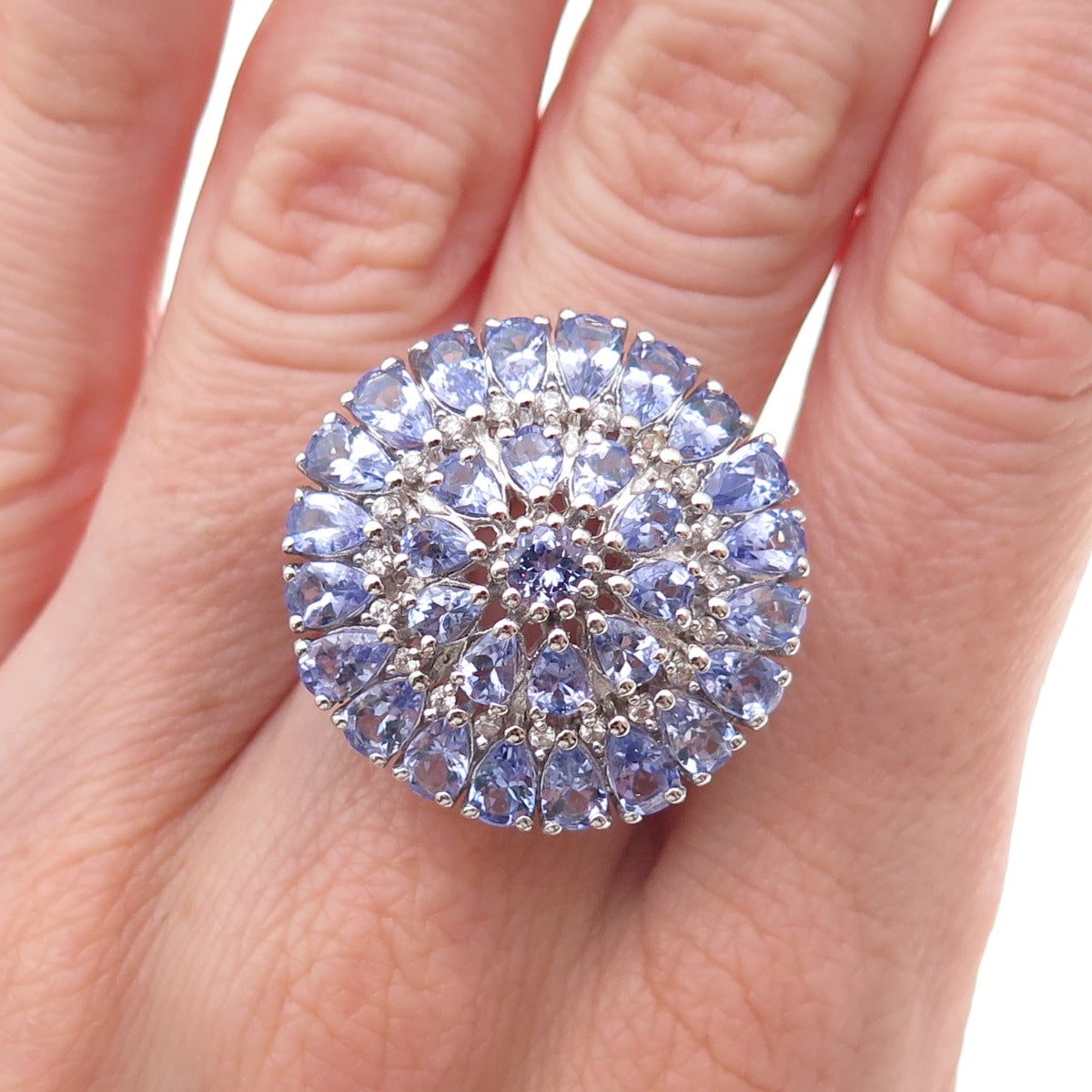 925 Sterling Silver Real Tanzanite & White Topaz Statement Ring Size 8.5