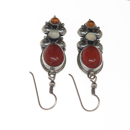 925 Sterling Silver Vintage Real Carnelian Citrine & Moonstone Oxidized Earrings