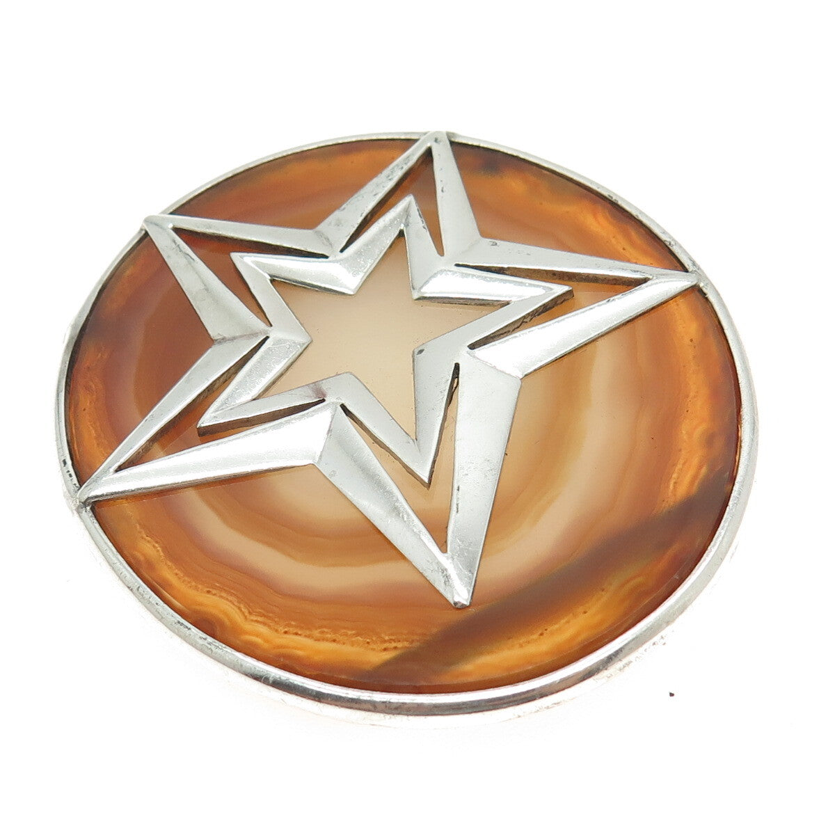 925 Sterling Silver Vintage Real Agate Star Solid 41.9g Pin Brooch
