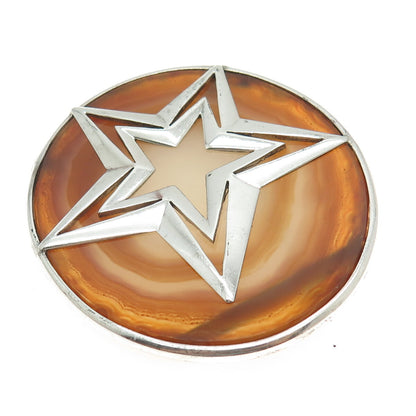 925 Sterling Silver Vintage Real Agate Star Solid 41.9g Pin Brooch