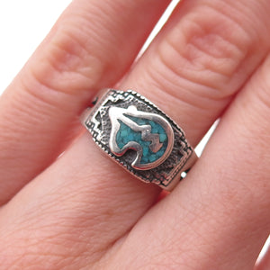 Shube Old Pawn 925 Sterling Vintage Turquoise Inlay Native Bear Ring Size 5.25