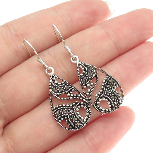 925 Sterling Silver Vintage Real Marcasite Granulated Teardrop Dangling Earrings