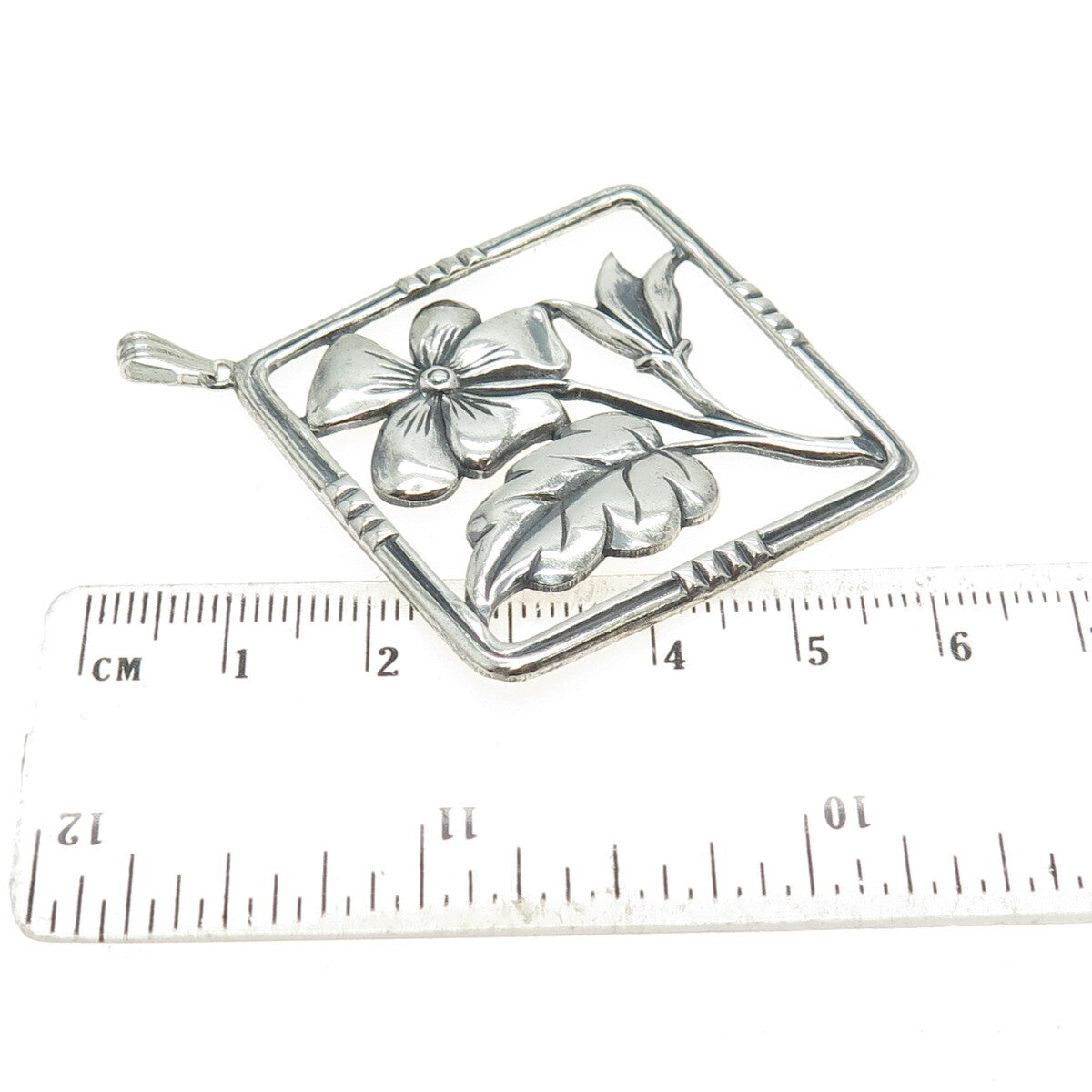 925 Sterling Silver Antique Art Deco Flower Square Oxidized Pendant