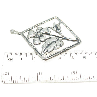 925 Sterling Silver Antique Art Deco Flower Square Oxidized Pendant