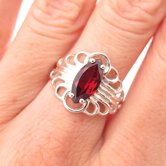 925 Sterling Silver Vintage Real Marquise-Cut Red Garnet Floral Ring Size 8.5