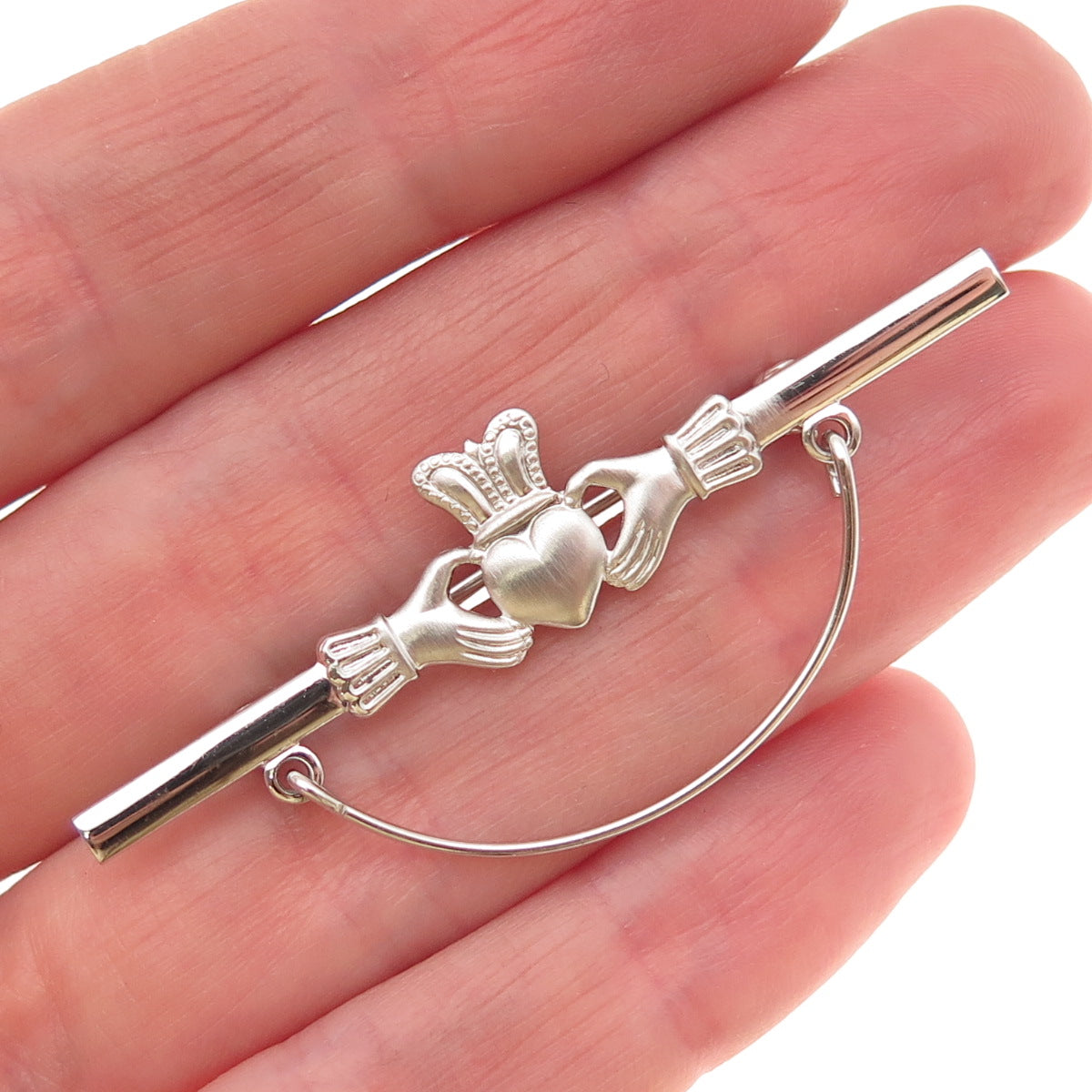 Beau 925 Sterling Silver Vintage Irish Claddagh Charm Holder Pin Brooch