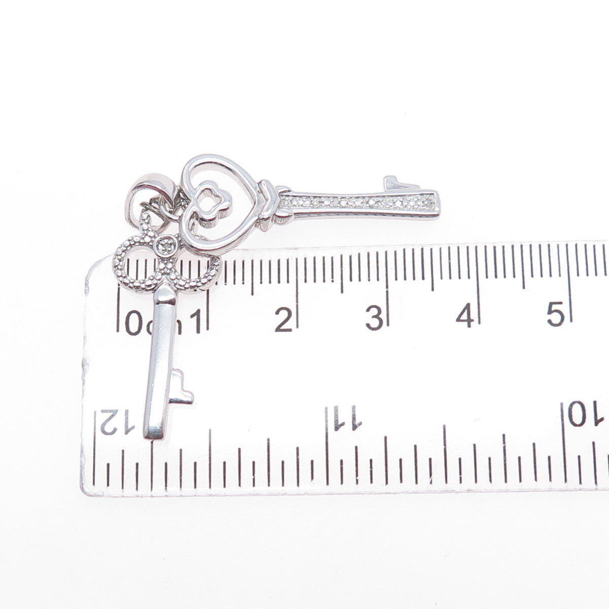 925 Sterling Silver Real Round-Cut Diamond Heart & Club Key Charm Pendant