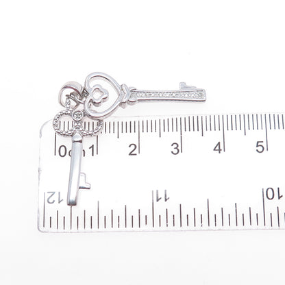 925 Sterling Silver Real Round-Cut Diamond Heart & Club Key Charm Pendant