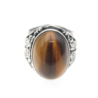 SAJEN 925 Sterling Silver Vintage Real Tiger Eye Swirl Adjustable Ring Size 8.75