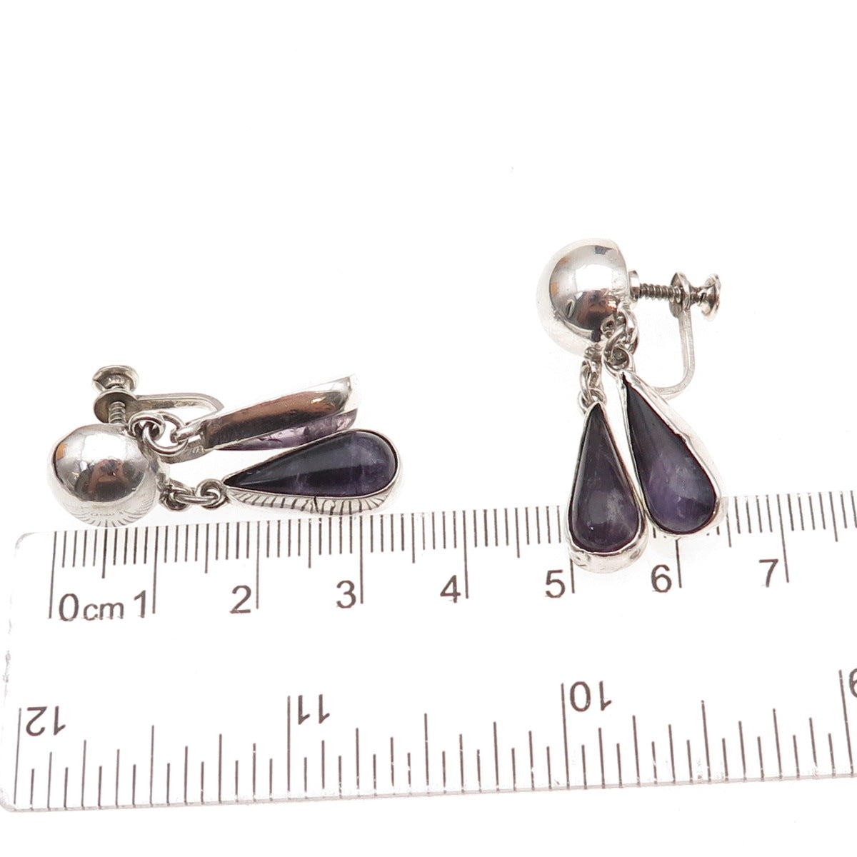925 Sterling Silver Vintage Mexico Real Amethyst Modernist Screw Back Earrings
