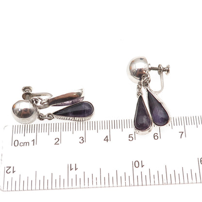 925 Sterling Silver Vintage Mexico Real Amethyst Modernist Screw Back Earrings
