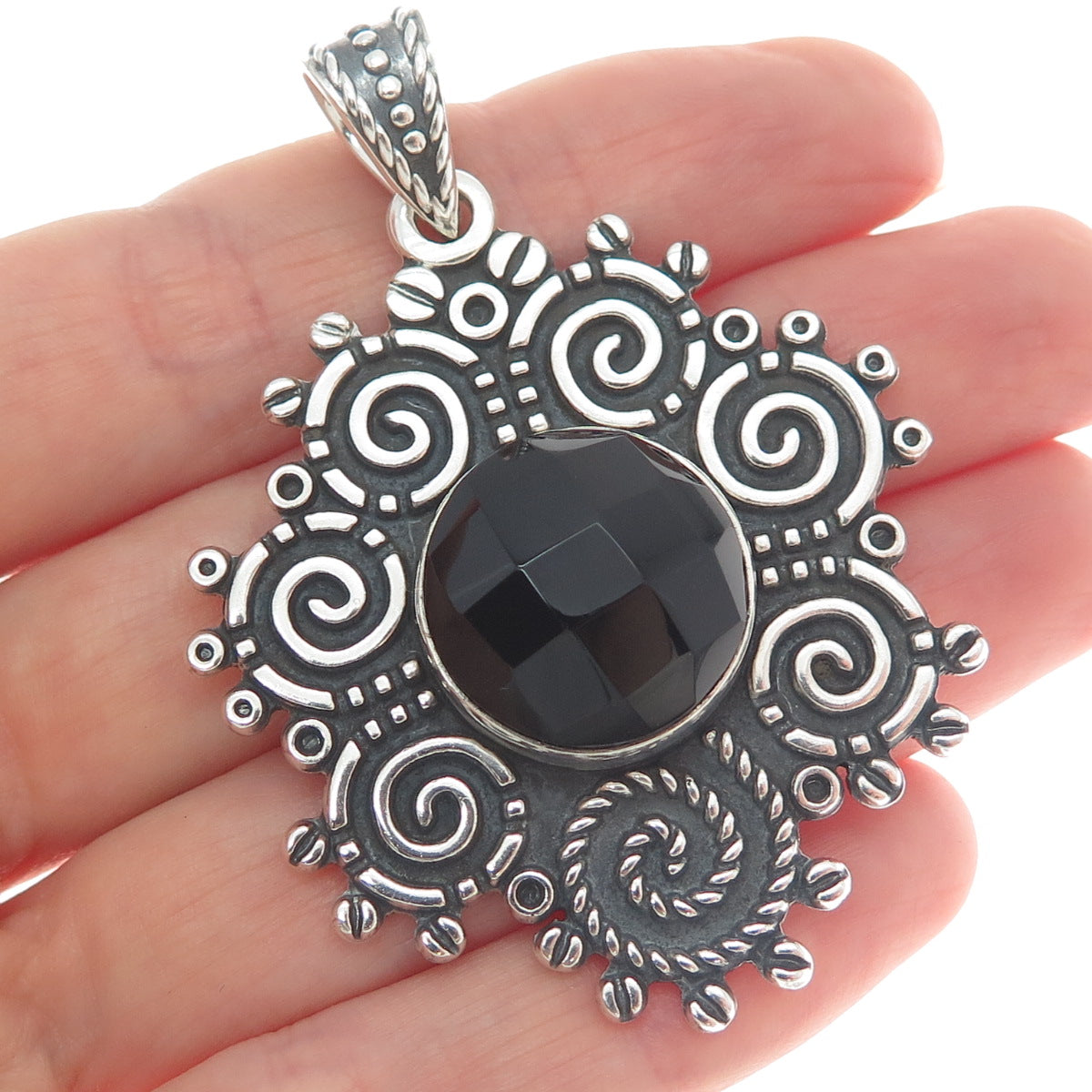 925 Sterling Silver Vintage Mexico Real Black Spinel Spiral Oxidized Pendant