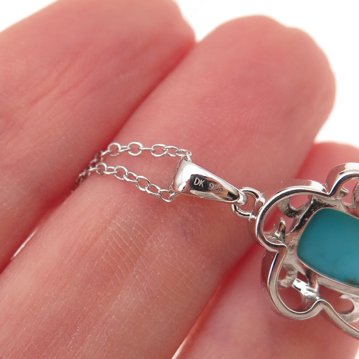 925 Sterling Silver Real Sleeping Beauty Turquoise Floral Chain Necklace 18"