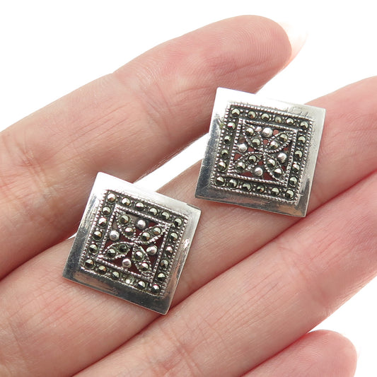 925 Sterling Silver Vintage Real Marcasite Flower Square Oxidized Earrings