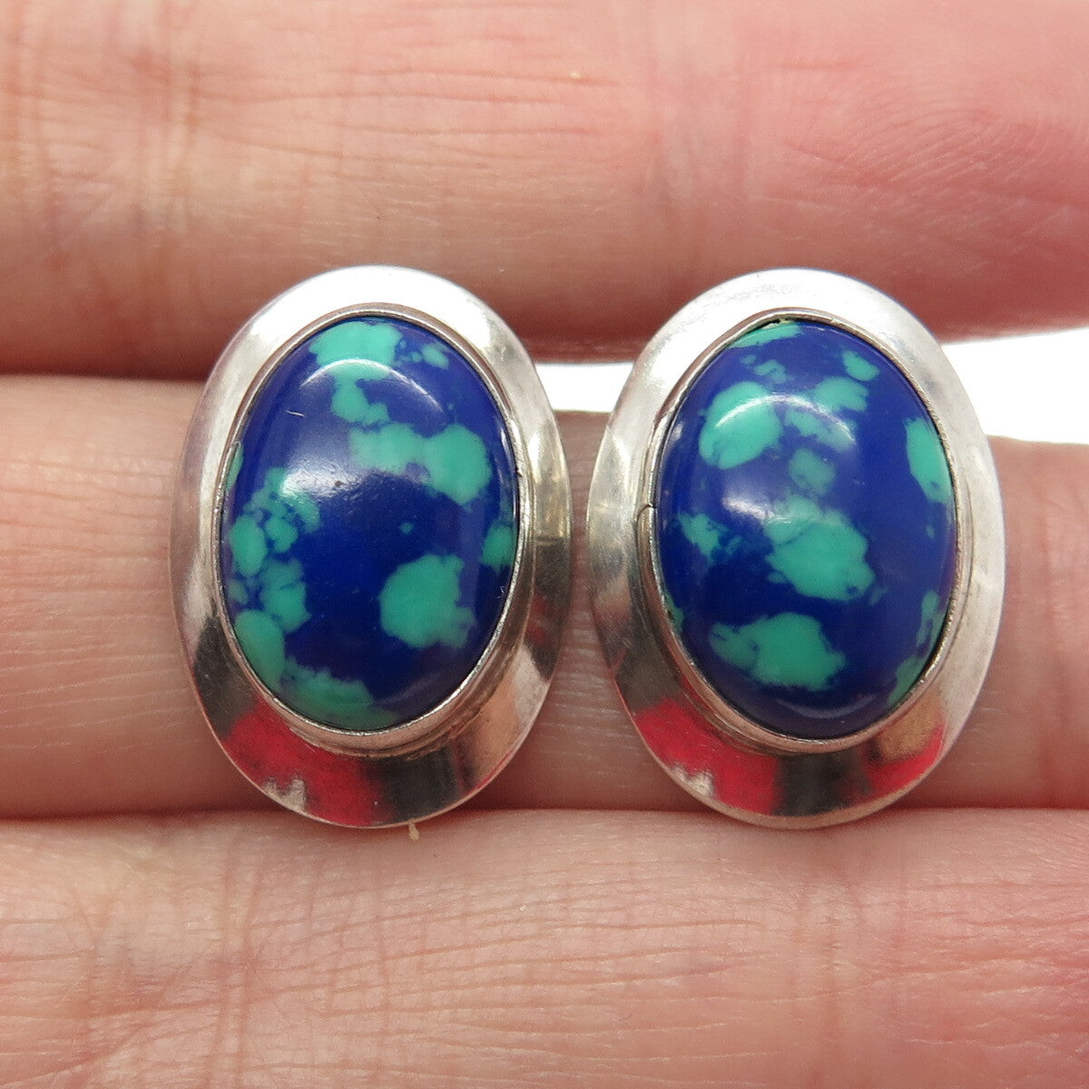 925 Sterling Silver Vintage Real Azurite Gemstone Modernist Oval Earrings