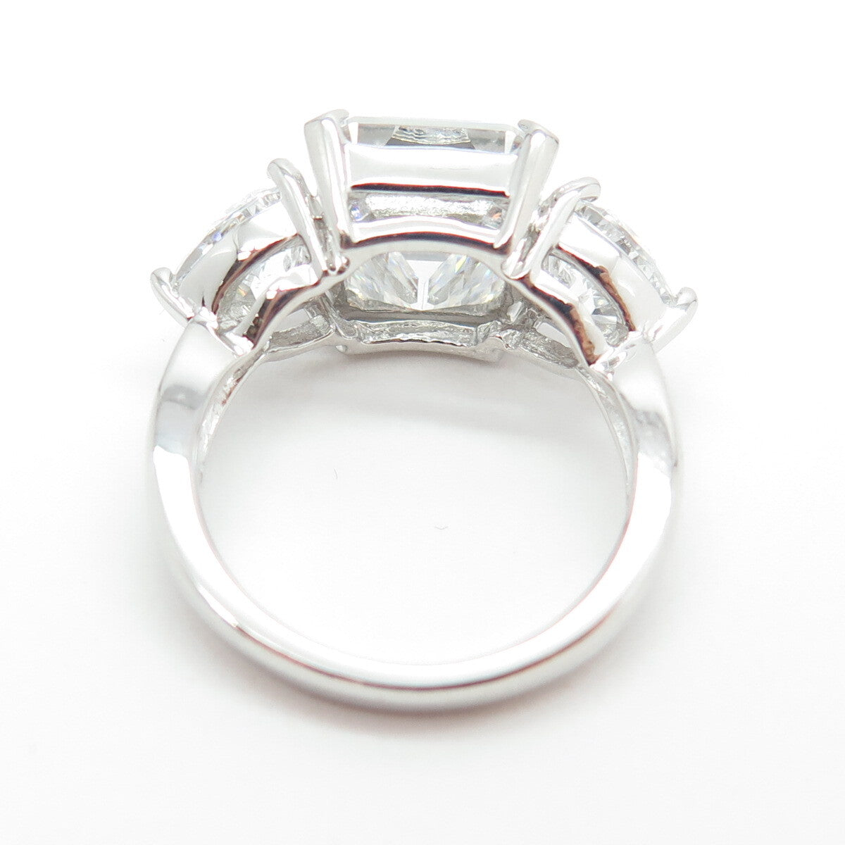 925 Sterling Silver Emerald-Cut & Heart-Cut Shaped C Z Ring Size 6