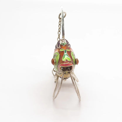 925 Sterling Silver Antique Enamel Articulated Chinese Koi Fish Chatelaine Fob