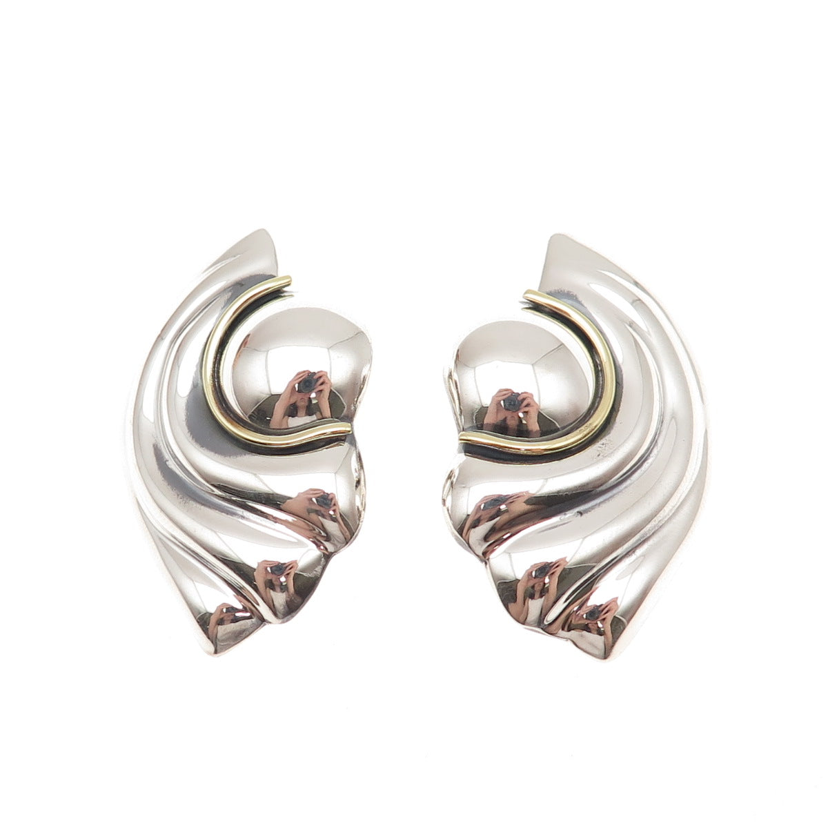 925 Sterling Silver 2-Tone Vintage Mexico Modernist Clip On Earrings