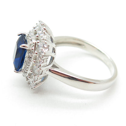 DSMK 925 Sterling Silver Radiant-Cut Nano Sapphire & Round-Cut C Z Ring Size 7