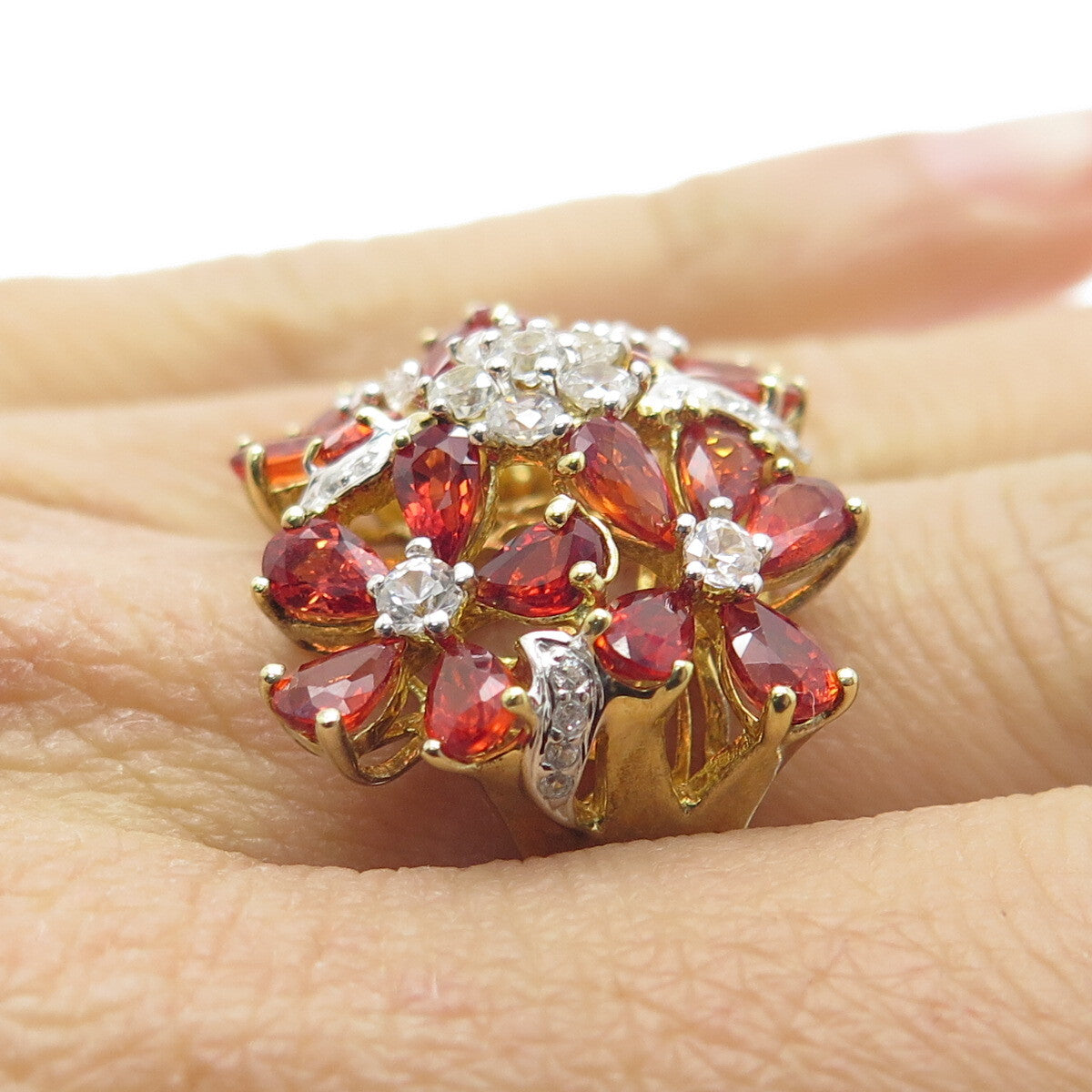 DSMK 925 Sterling Silver Gold Plated Fire Sapphire & White Topaz Ring Size 7.25
