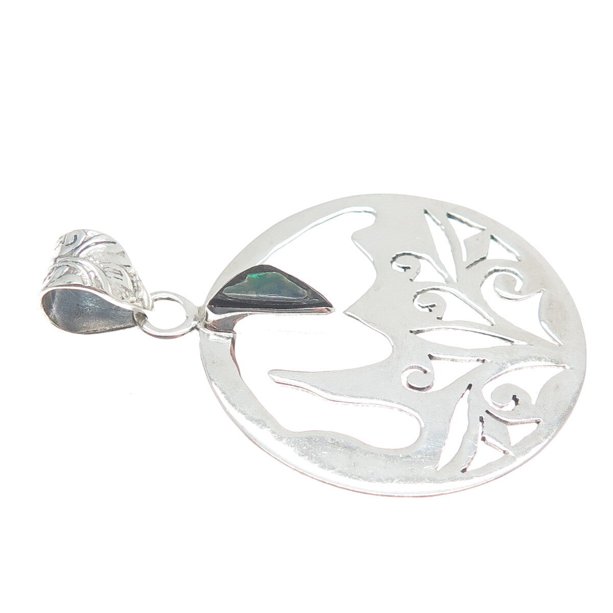 925 Sterling Silver Vintage Real Abalone Shell Lace / Ornate Round Pendant