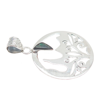 925 Sterling Silver Vintage Real Abalone Shell Lace / Ornate Round Pendant