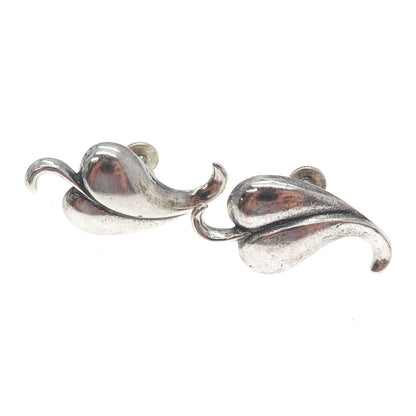 925 Sterling Silver Vintage Modernist Floral Leaf Oxidized Screw Back Earrings