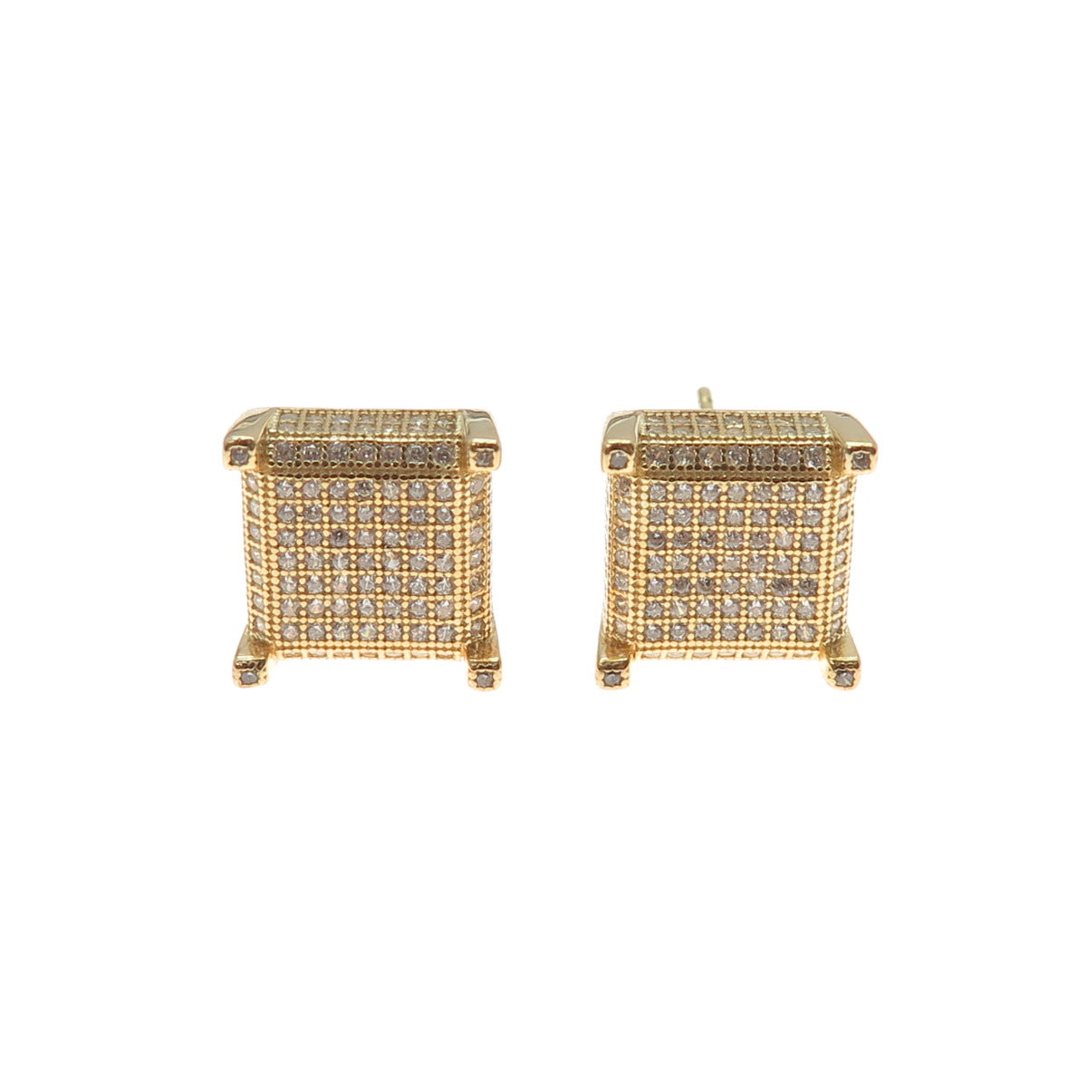 925 Sterling Silver Gold Plated Round-Cut C Z Square Stud Earrings