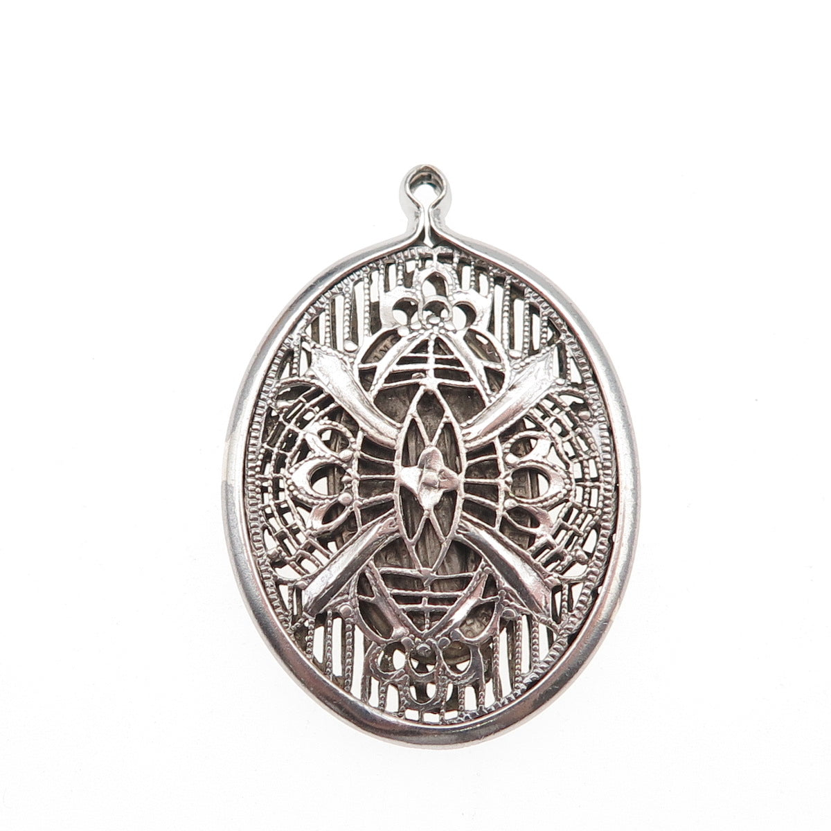 925 Sterling Silver Antique Art Deco Floral Filigree Oxidized Charm Pendant
