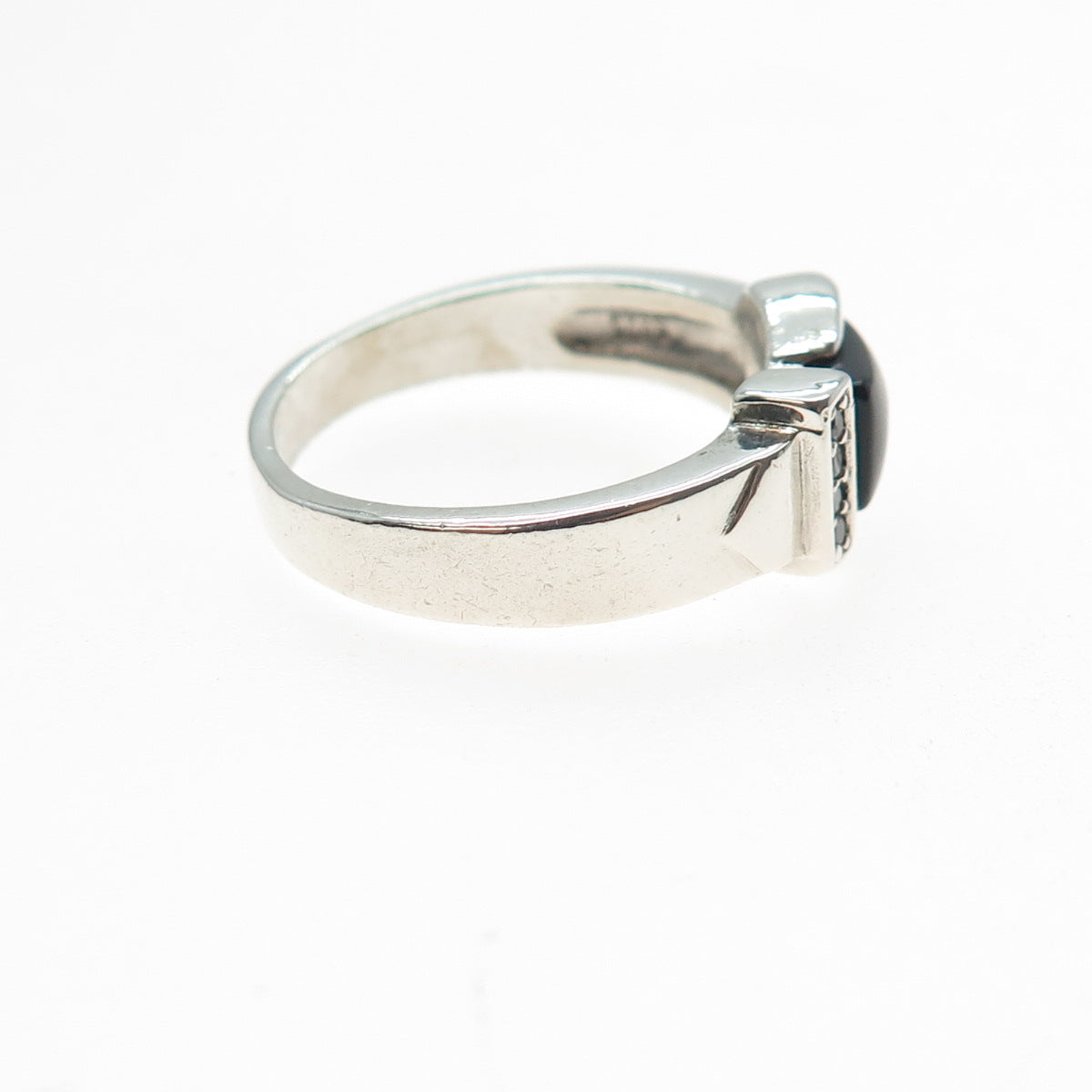 925 Sterling Silver Vintage Real Black Onyx & C Z Buckle Ring Size 9.5