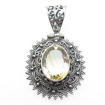 925 Sterling Silver Vintage Real Oval-Cut Citrine Floral Oxidized Pendant