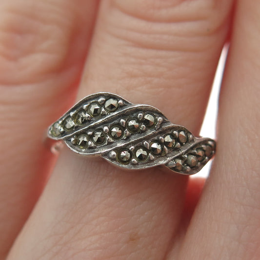 925 Sterling Silver Vintage Real Marcasite Modernist Oxidized Ring Size 6