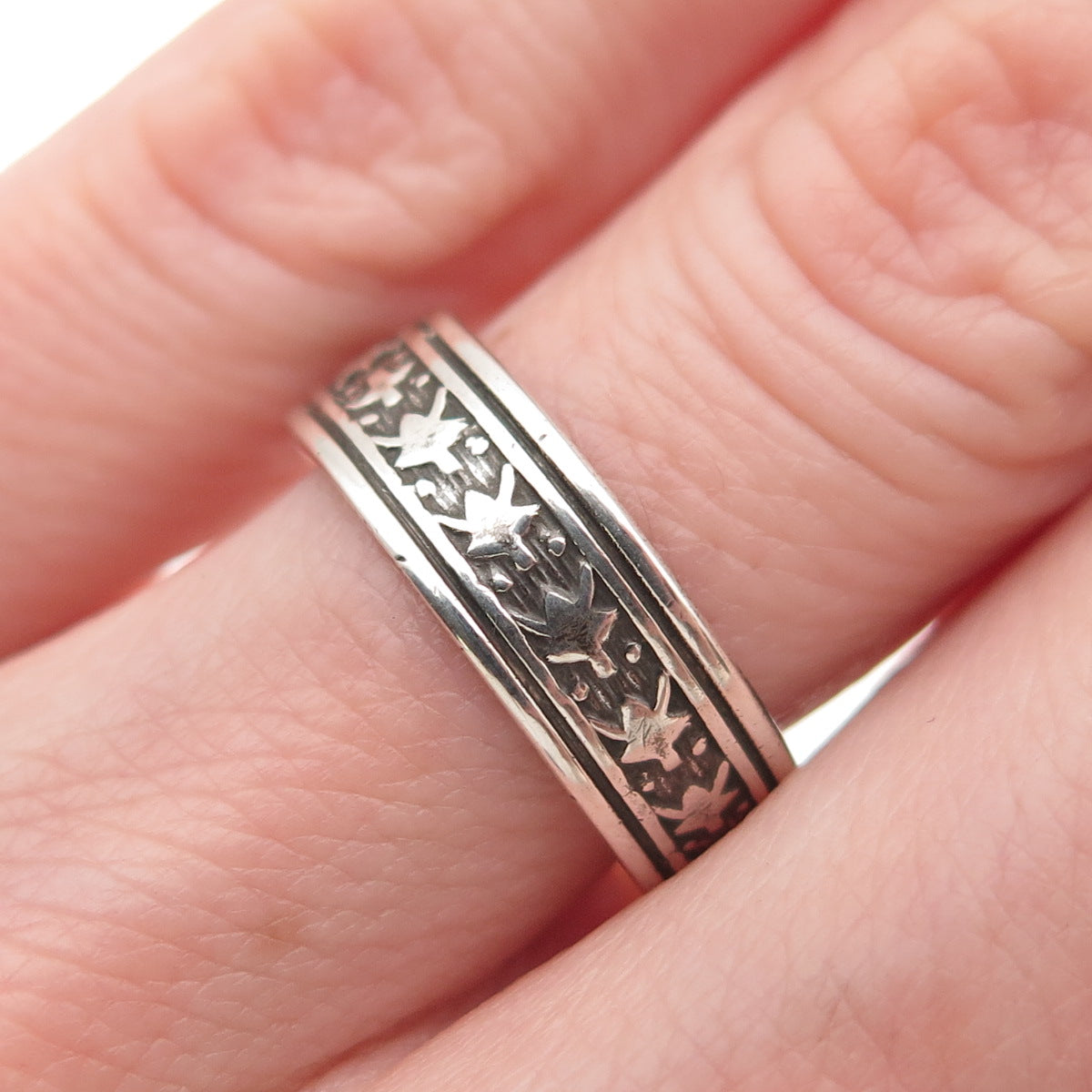 Uncas 925 Sterling Silver Antique Art Deco Floral Oxidized Band Ring Size 7