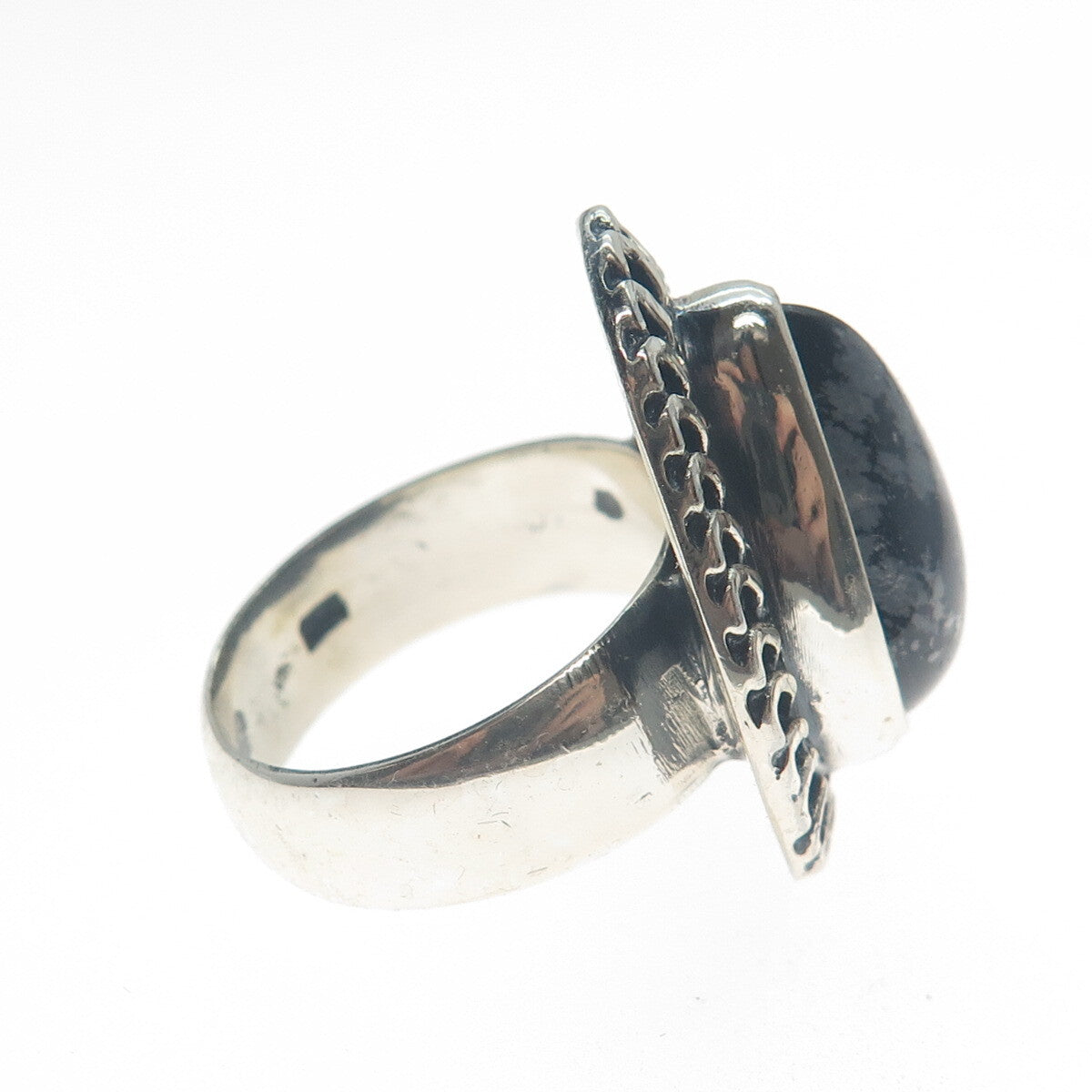 925 Sterling Silver Vintage Pear-Cut Snowflake Obsidian Oxidized Ring Size 9