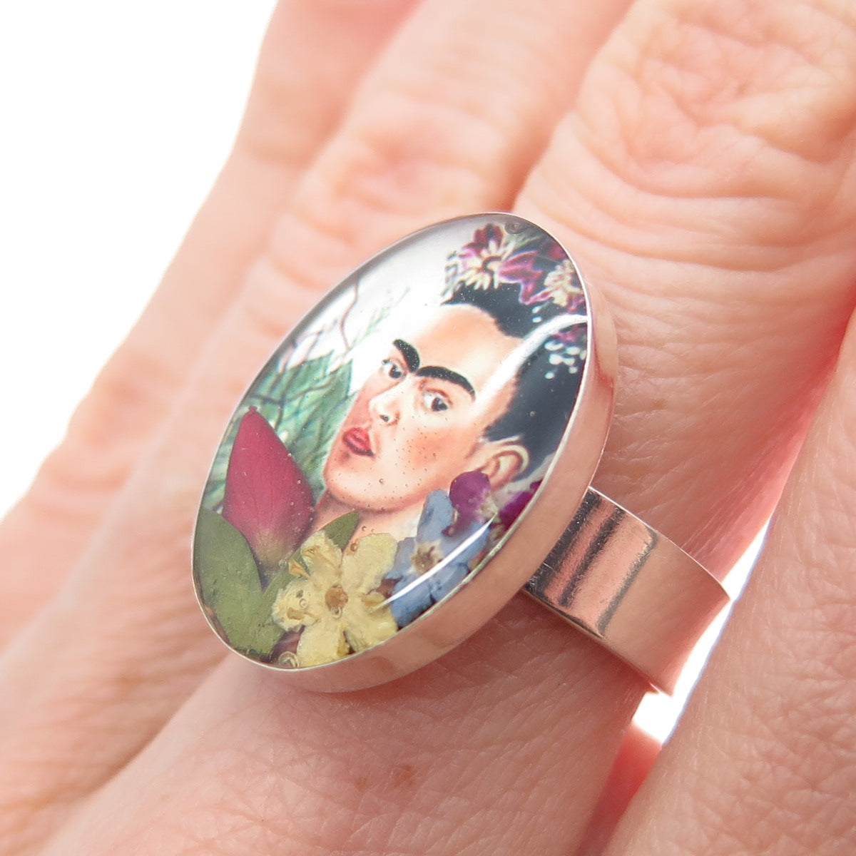 925 Sterling Silver Vintage Enamel Frida Kahlo Pressed Flowers Ring Size 6.75